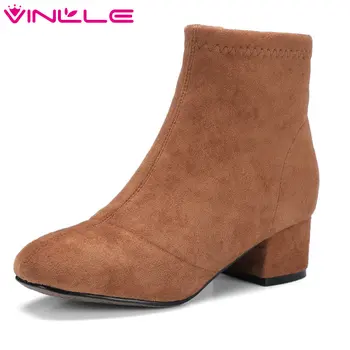 

VINLLE 2020 Women Shoes Fashion Ankle Boots Square Med Heel Flock Round Toe Black Ladies Motorcycle Shoes Size 34-43