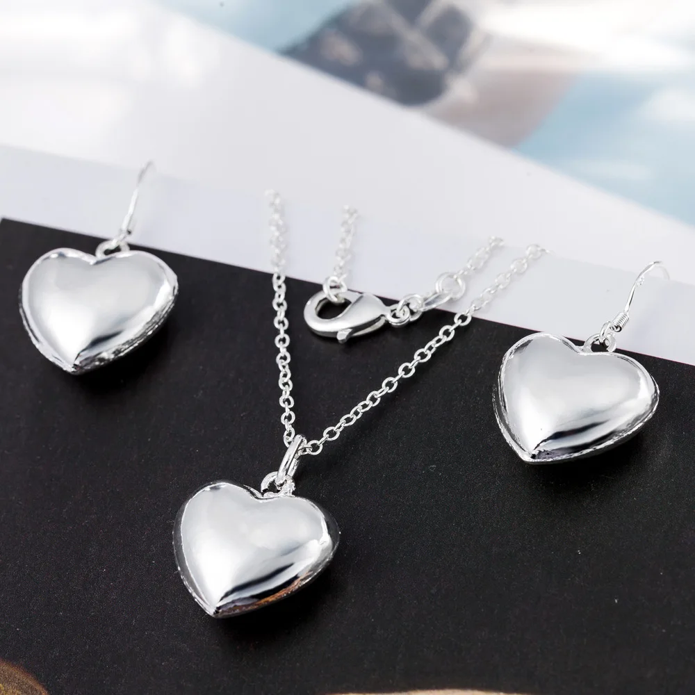 

GNIMEGIL Silver Color Love Heart Charms Necklace Drop Earrings Jewelry Sets For Women Wedding Bridal Jewelry Christmas Gifts