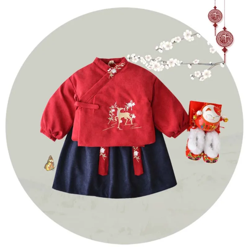 Китайский традиционный винтажный костюм для новорожденных девочек, вельветовый комплект с вышивкой династии Тан для маленьких девочек