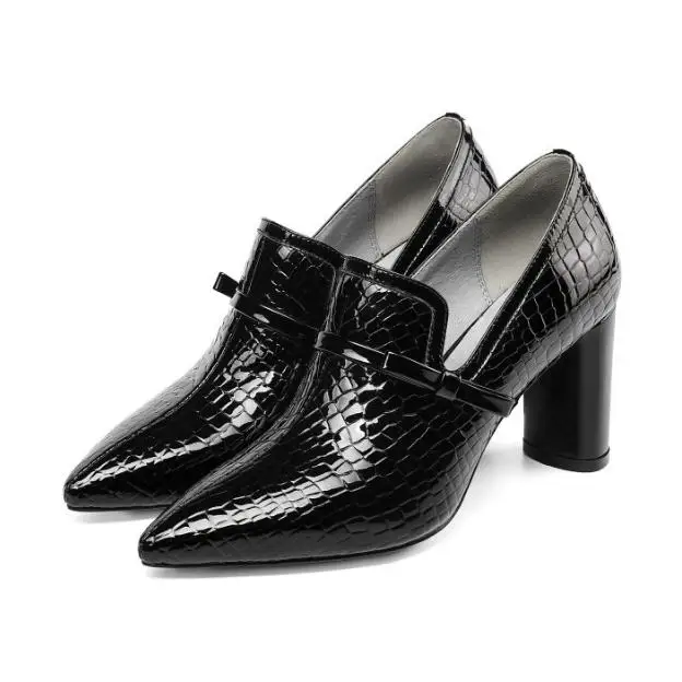 Модные пикантные черные Бордовые женские туфли на высоком каблуке из натуральной кожи с кожаным наконечником бантик для головы грубые туфли на каблуке женские туфли-лодочки на каблуке - Цвет: Black
