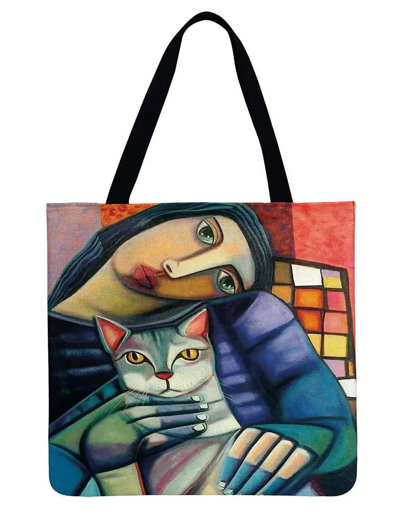 Женская сумка на плечо, льняная тканевая сумка для женщин и кошек, художественная печатная Сумка-тоут, повседневная сумка-тоут, складная сумка для покупок, уличная пляжная сумка - Цвет: 5