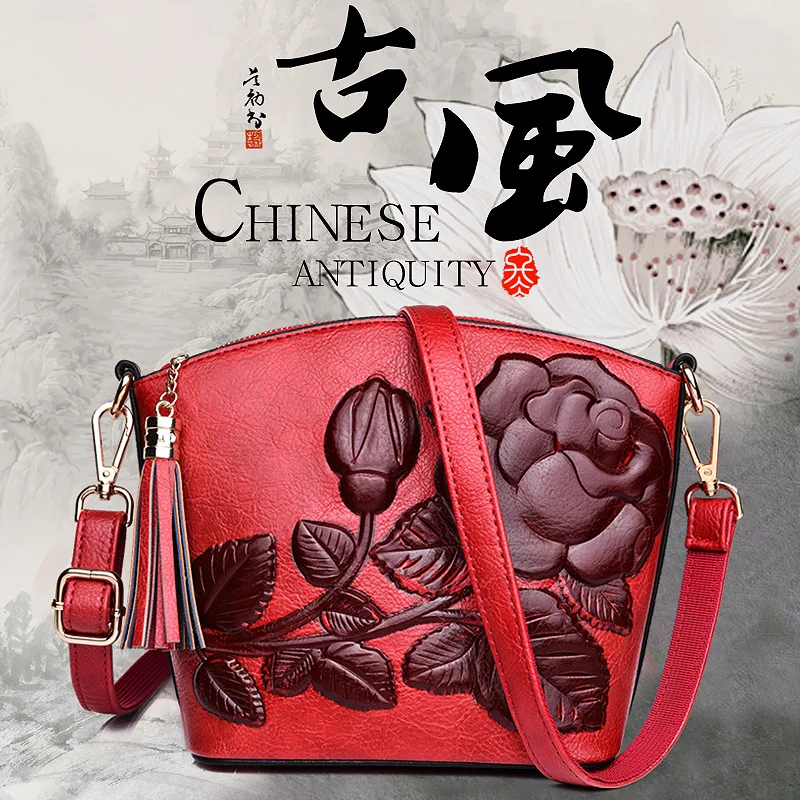 

New tassel fashion women's bag retro elegant Chinese style embossed European and American ladies practical bag