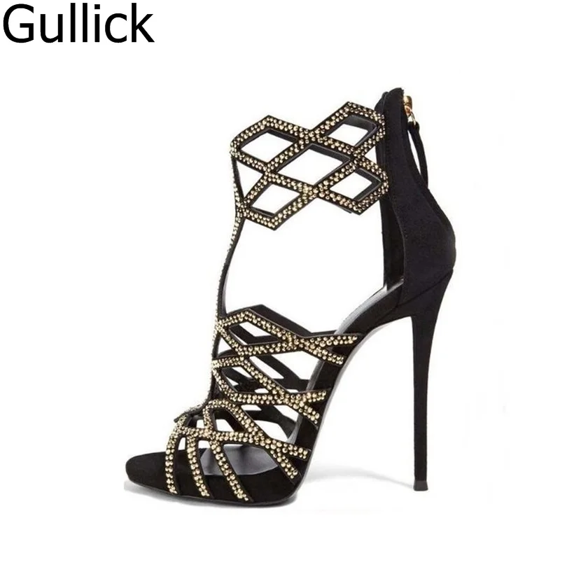 Лидер продаж летние женские украшенные кристаллами выдалбливают сандалии мода геометрический Форма Обложка пятки назад обувь на молнии