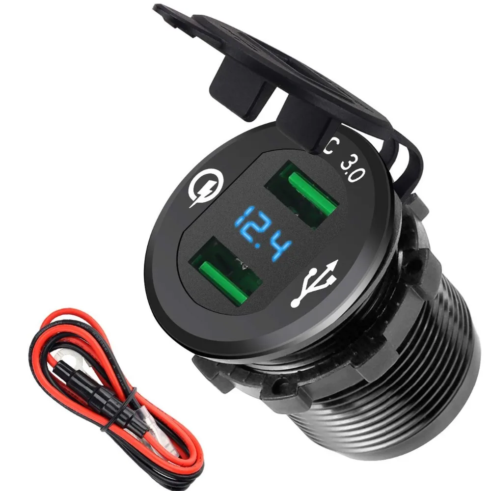 

24V / 12V USB Outlet, 36W Aluminum Waterproof Dual Fast Quick Charge 3.0 USB Car Charger Socket Power Adapter LED