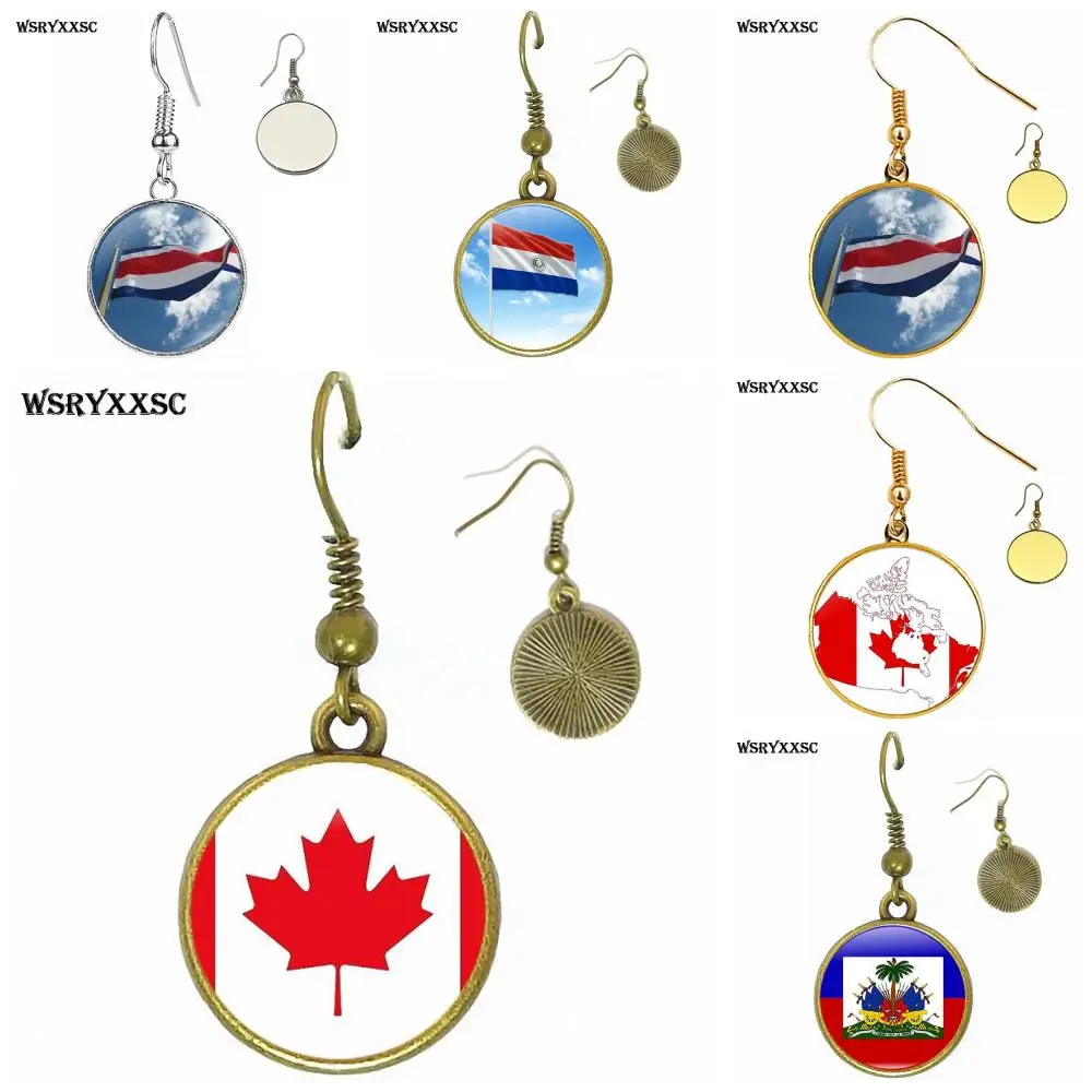 

For Women Choker Glass Cabochon Jewelry Bronze/Silver/Golden Clip Ear Hook Drop Earrings Haiti and Honduras and Canada Flag Logo