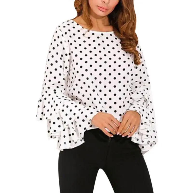 Women Tops Blouse Polka Dot Shirts Flare Sleeve Long Sleeve Blouse Spring Summer  Fashion O Neck Casual Tops  Shirt Plus Size