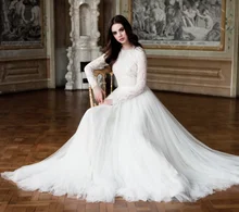 High Quality Lace With Chiffon Princess Wedding Dresses Long Sleeve O-neck A-line Vestido De Noiva NM 451
