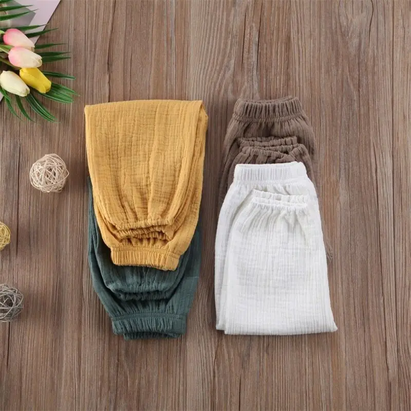 Brand Toddler Kids Baby Boy Girl Wrinkle Cotton Linen Bloomers Pants Solid Soft Loose Long Trousers Leggings Casual Pants