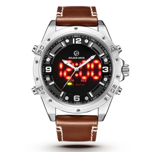 GOLDENHOUR Лидирующий бренд модные спортивные часы для мужчин кварцевые аналоговые светодиодный часы кожа военные водонепроницаемые часы Relogio Masculino подарок - Цвет: brown