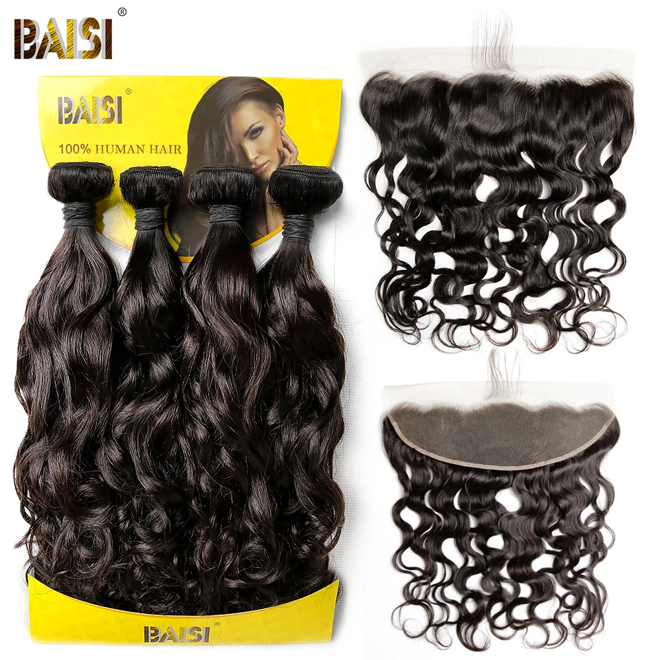 

BAISI Brazilian Water Wave Human Hair Weave 4 Bundles with Closure Virgin Hair Bundles with Closure