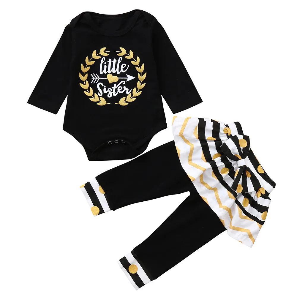 

Fashion 2pcs Infant kids clothes sets Baby Girl Clothes Long Sleeve Letter Print Romper+Dots Striped Pants Outfits dropshipping
