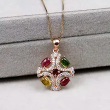 Натуральный многоцветный Турмалин Подвеска S925 серебро Природный камень кулон Цепочки и ожерелья модный повезло Тор Цветы Женщины ювелирные изделия
