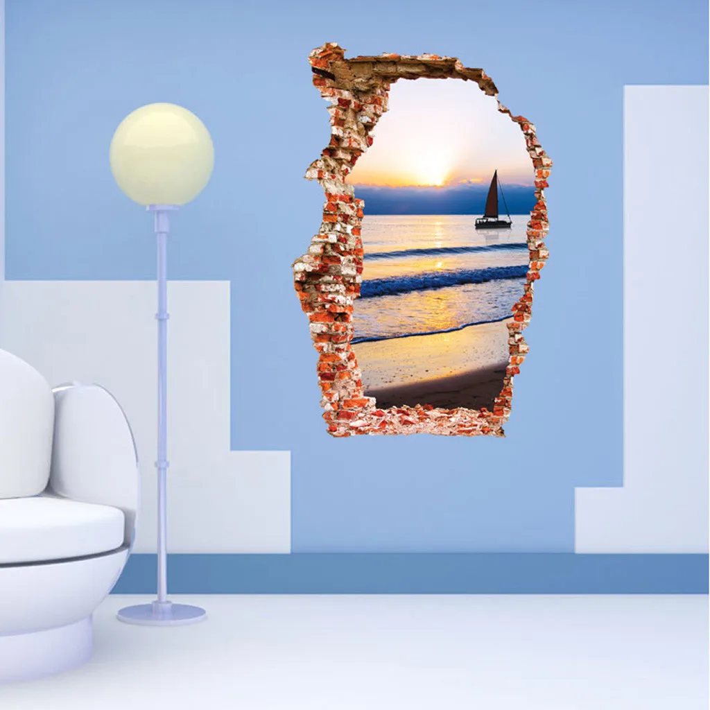

Breaken Wall 3D Wall Stickers Sea boat sunset Scenery Home Decoration living room background art Broken Hole The Door Sticker