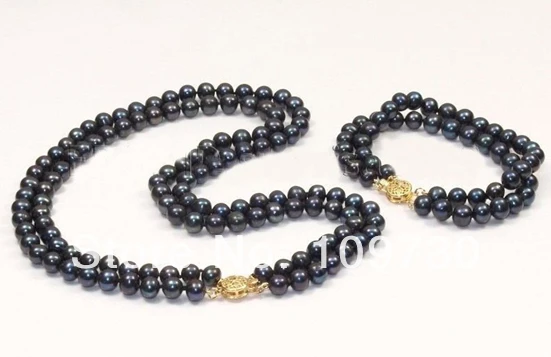 

Jewelry 00669 SET OF DOUBLE STRANDS 9-10MM TAHITIAN BLACK PEARL NECKLACE BRACELET (A0513)