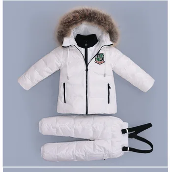 

2018 Children girl boy fur hooded down coat Jacket+overalls baby boy girl ski Snowsuit waterproof clothes set outwear