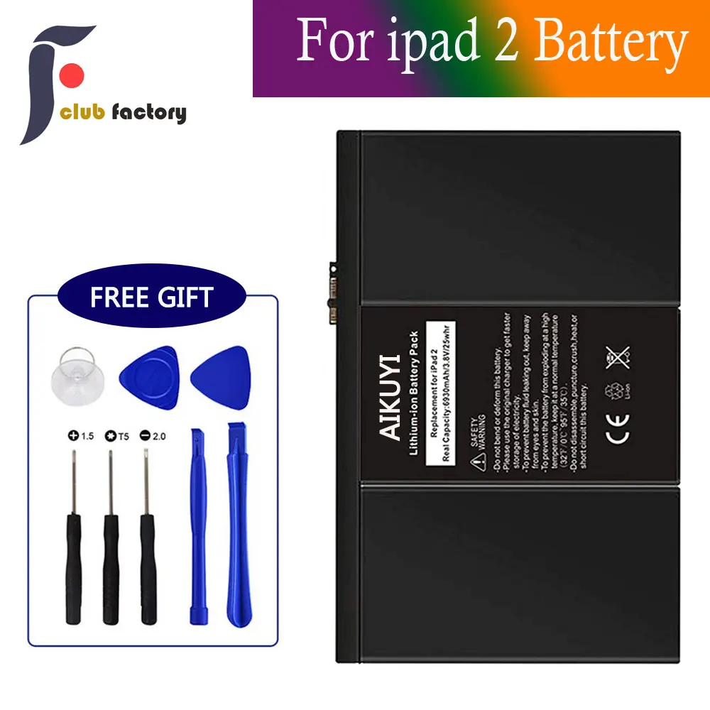 

club factory Replacement Battery for iPad 2 Battery Replacement with Repair Tools Kit, 0 Cycle - 6930mAh Li-ion Replacement