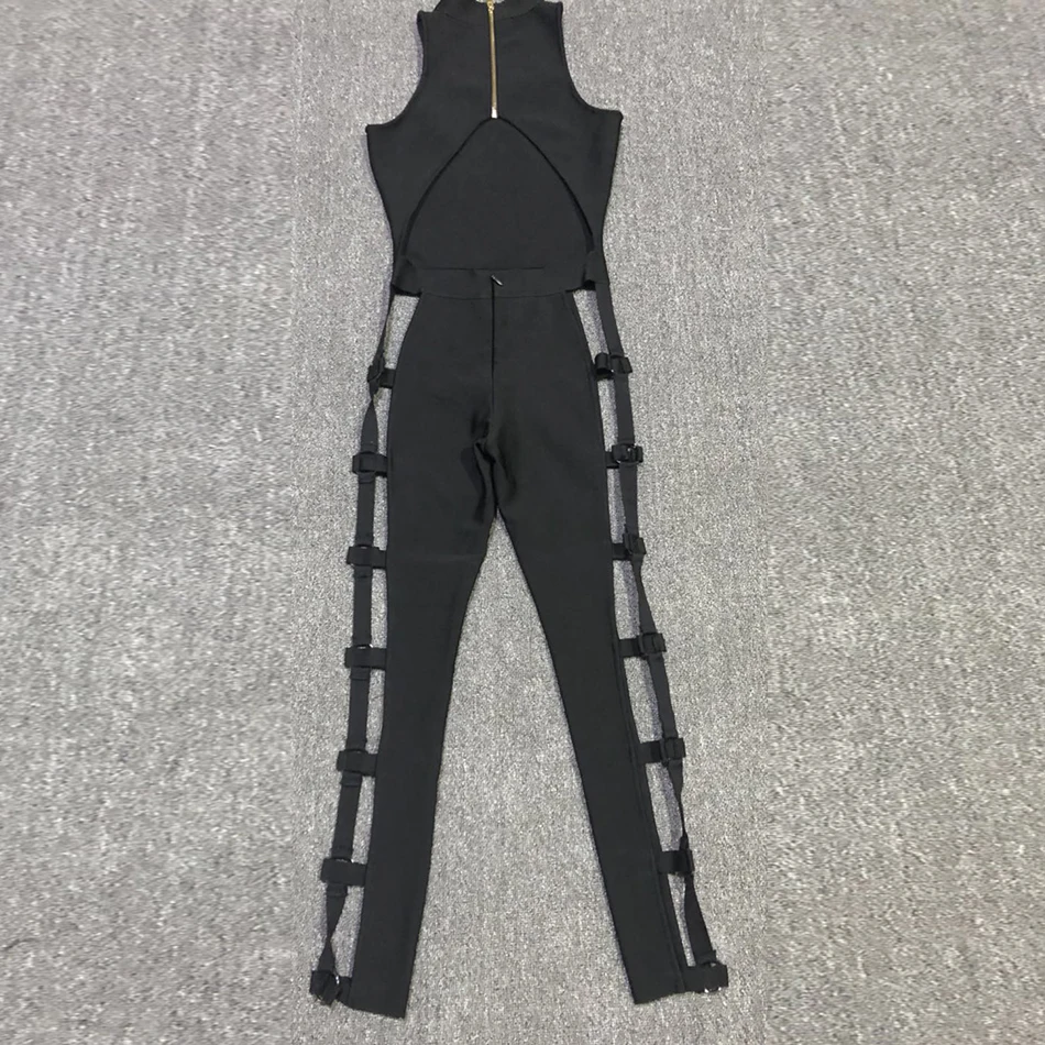 summer new women's jumpsuit black sleeveless hollow backless celebrity party trend bandage tights