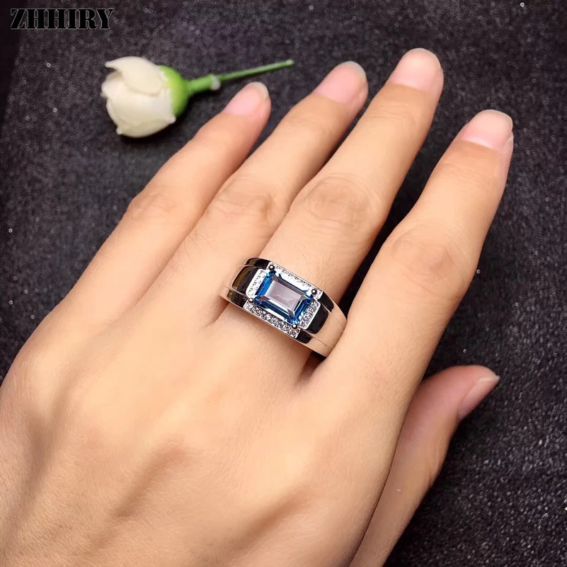 ZHHIRY подлинный натуральный голубой топаз 925 пробы Серебряное кольцо для мужчин настоящий драгоценный камень кольца драгоценные ювелирные изделия