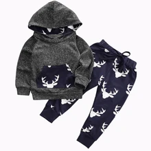 Детский комплект одежды для девочек и мальчиков, осенне-зимняя теплая одежда, топы с капюшоном и рисунком оленя+ штаны, милые детские комплекты одежды для маленьких мальчиков