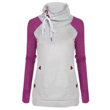 Casual Women Cowl Collar Pullover Patchwork Fleece Hoodie Sweatshirt With Pockets