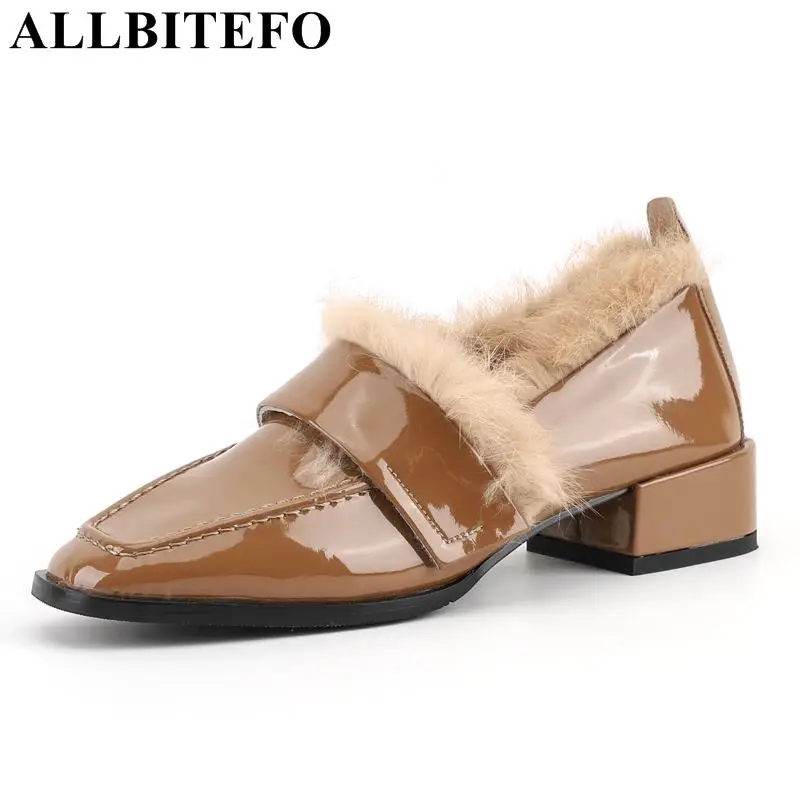 

ALLBITEFO square toe pu leather thick heel women pumps warm Rabbit's hair women shoes office ladies shoes women high heel shoes