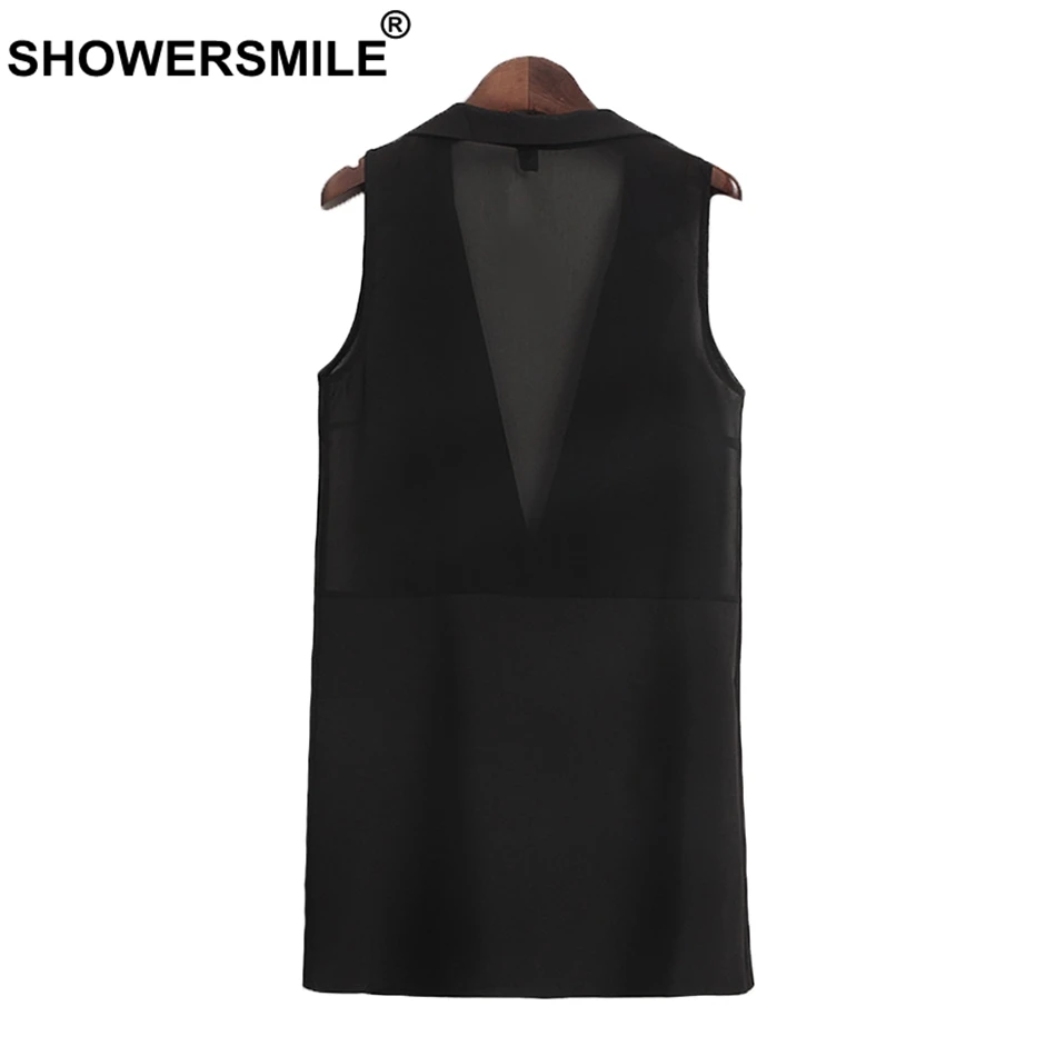 SHOWERSMILE Long Waistcoat Women Black Thin Vest Ladies Solid OL Elegant Chiffon Female Spring Summer Sleeveless Jackets 2019