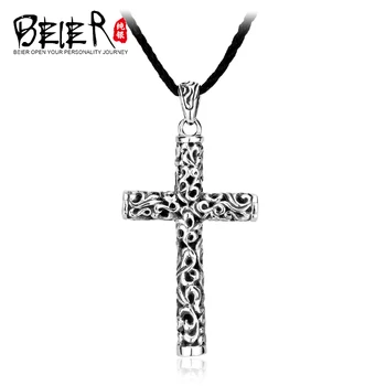 

Beier new store thai silver color cross pendant necklace fashion jewelry free give rope for man women Gift A2473