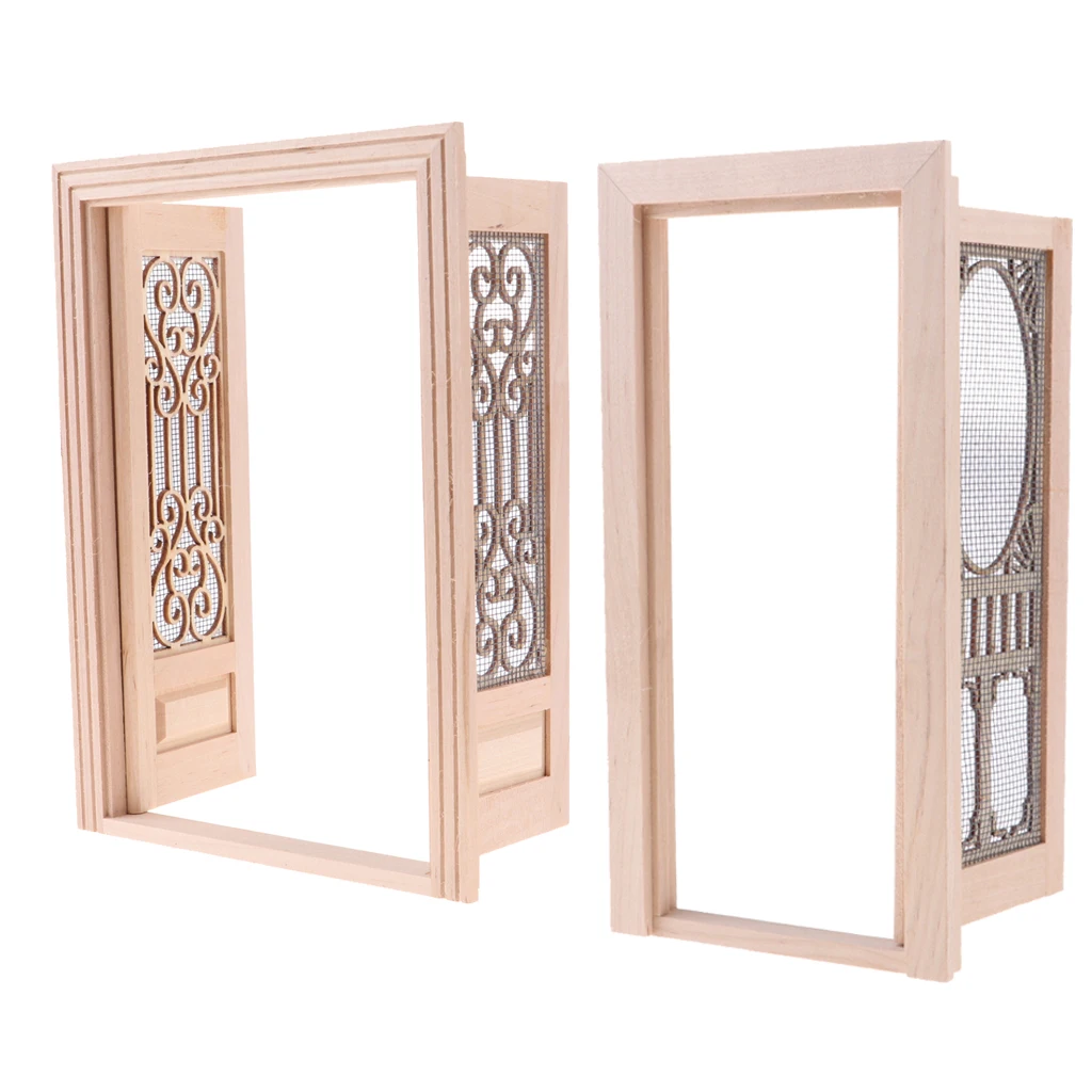 1/12 Dollhouse Miniature Wooden External Hollow Screen Double + Single Door Unpainted Rooms DIY Items
