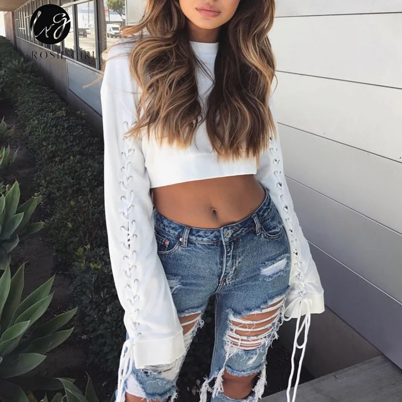 

Lily Rosie Girl White Knitted Hoodies Sweatshirts Long Lace Up Sleeve Sexy Crop Tops Autumn Winter 2018 New Women Casual Outwear