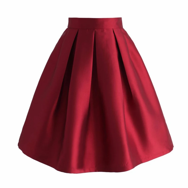Темно-красные атласные Короткие юбки с оборками до колена миди вечерние юбки Формальные женские юбки