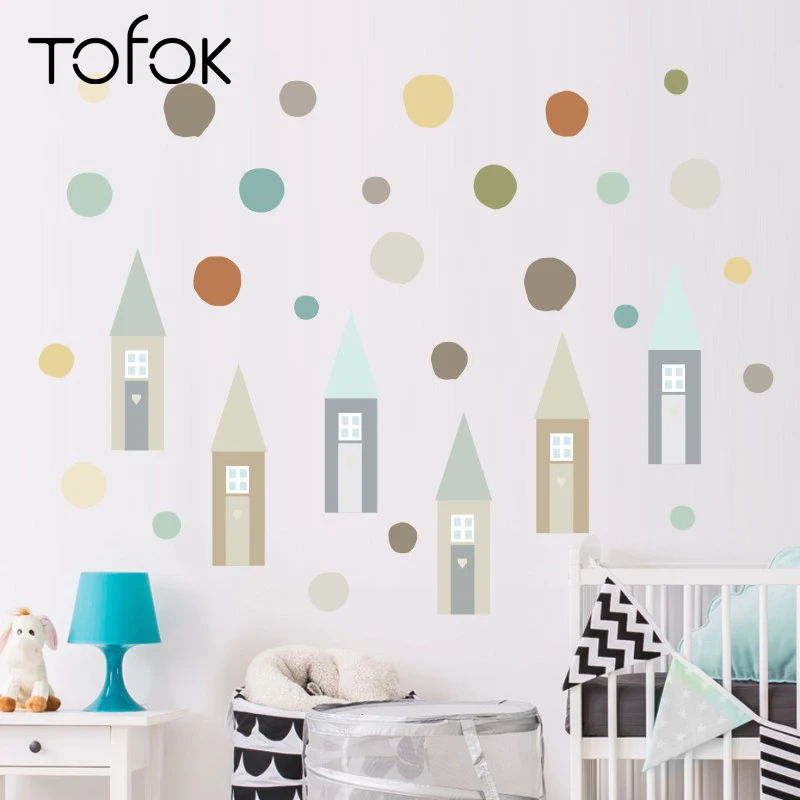 

Tofok Cartoon House Dots Wall Sticker Fresh Style Ins Kids Room Nursery Creative Decals Adhesive Home Fridge Cabinet Decor