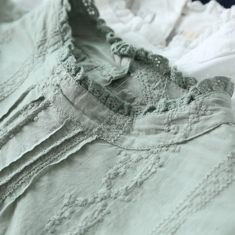 

Back button cotton embroidery lacing stand collar long sleeve shirt blouse female 2019