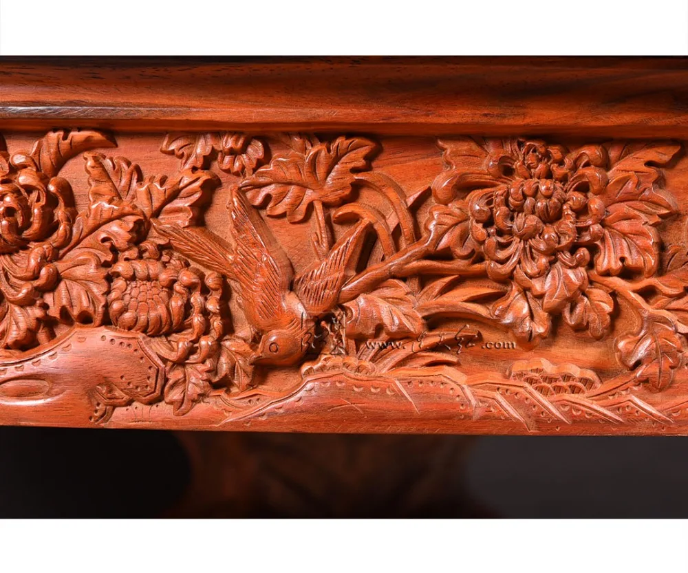 Carved Round Table Rosewood Classic Garden outdoor Desk Solid Wood Living Room Coffee Tea Furniture Annatto flower bird carving