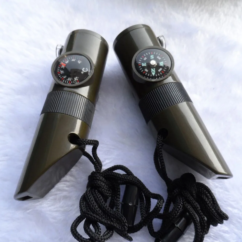 

7 in 1 Survival Whistle Compass Thermometer LED Flashlight Fire Magnifier SS