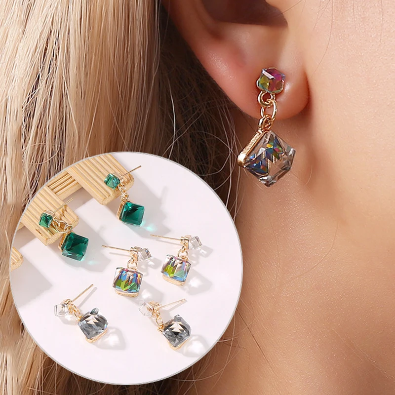 

2018 New Arrival 1Pair Green Korean Gray Girls jewelry Stones Crystal Clear Allergy Free Women Colorized Drop Earring for women