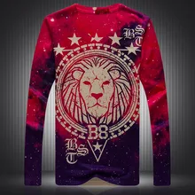 Personality lion head pattern digital printing boutique long sleeve t shirt Autumn top quality cotton t shirt men Red M-3XL