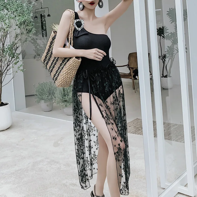 

Swimsuits Woman One Piece Swimwear With Push Up Beach Clothes Women's Large Size New Korean Aixin Buckled Swimsuit Black Lace
