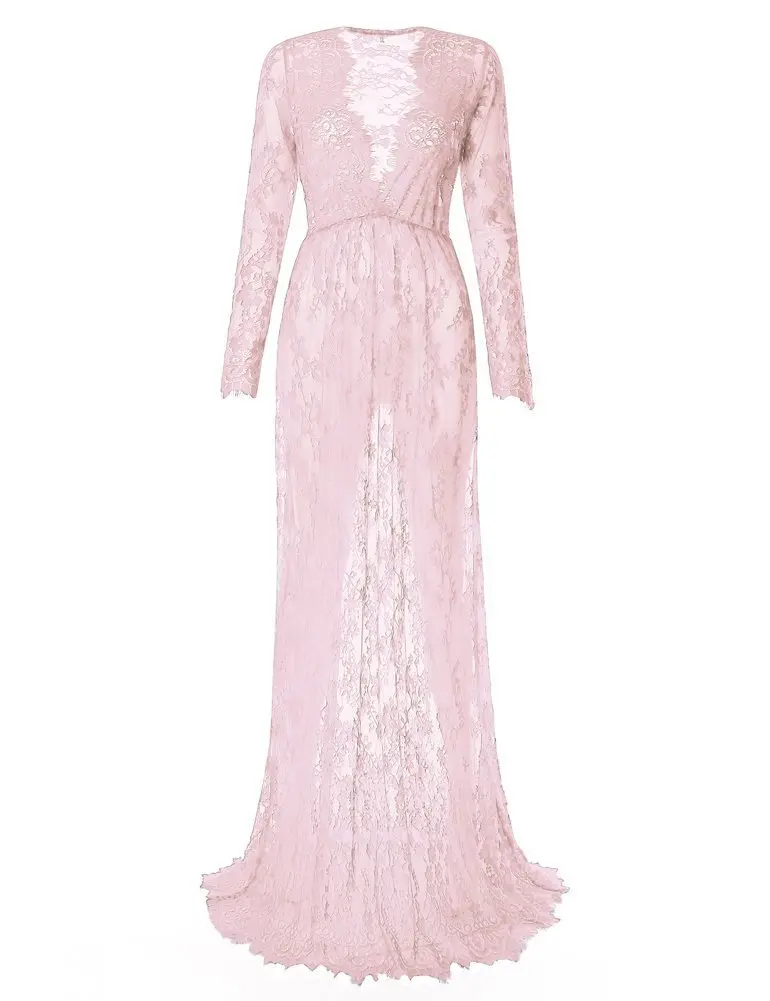 YWHUANSEN Материнство сексуальное с глубоким v-образным вырезом с длинным рукавом Кружевное прозрачное Макси платье для пляжа белая одежда для беременных для фотосессий - Цвет: Розовый