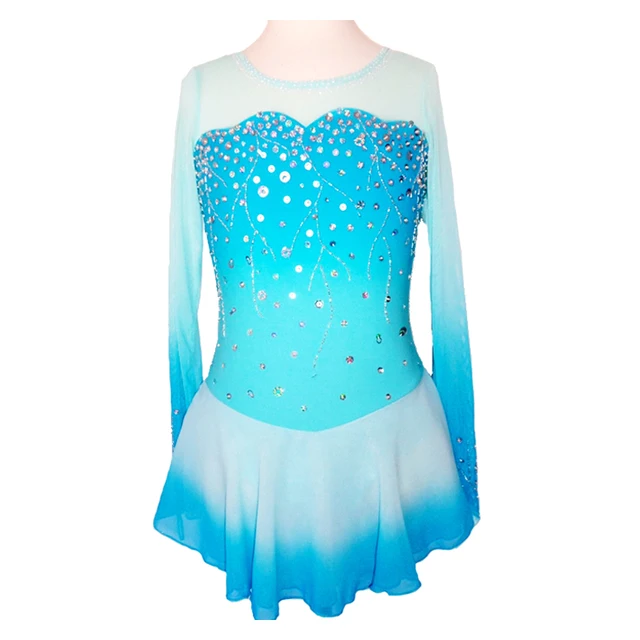 Cheap Customized Costume Ice Figure Skating Gymnastics Dress Competition Adult Child Girl Skirt Performance Blue Sleeve Gradient