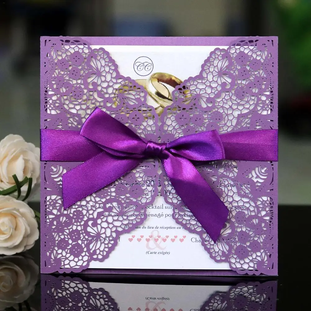  10pcs/set European Style Lace Wedding Invitations Cards Blue Color Laser Greeting Card Bowbelt Wedd - 33030498738
