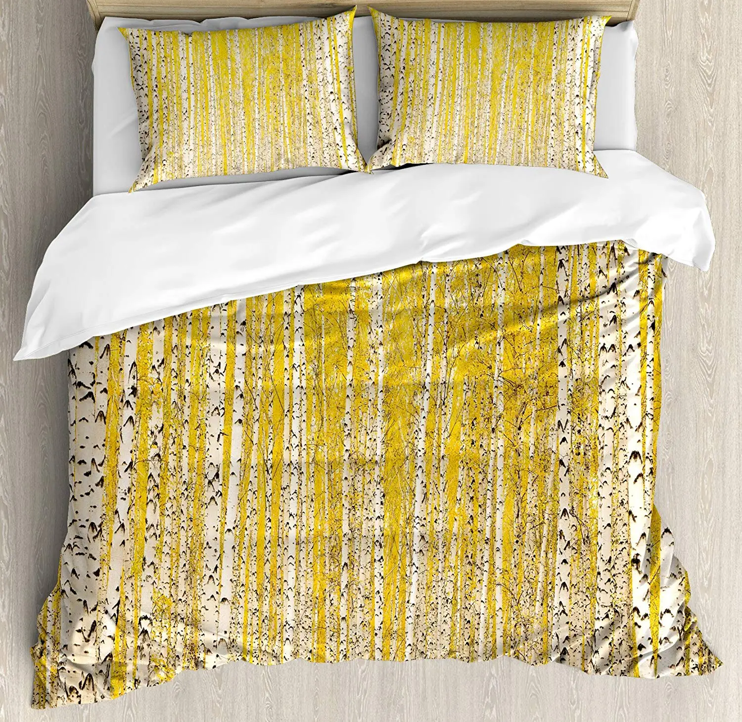 

Landscape Duvet Cover Set Autumn in Birch Forest Golden Yellow Leaves Seasonal Scenics Picture Bedding Set Mustard