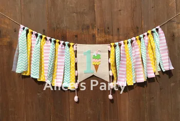 

New Summer Ice Cream Cone Cherry Banner,1st 2nd Birthday Highchair High chair Garland Bunting Cake Smash Photo Shoot Decorations