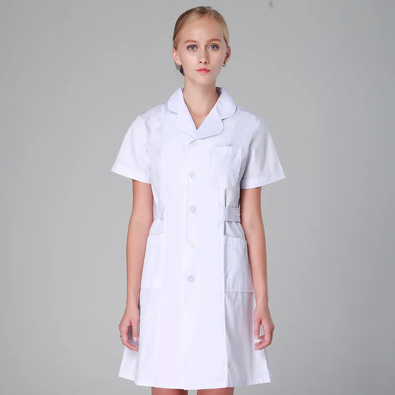 Униформа медсестры, летний длинный халат для женщин, медицинская куртка, полная длина, поли, хлопковое для спа, косметолога, ветеринарная Рабочая одежда - Цвет: White Short Sleeve 3