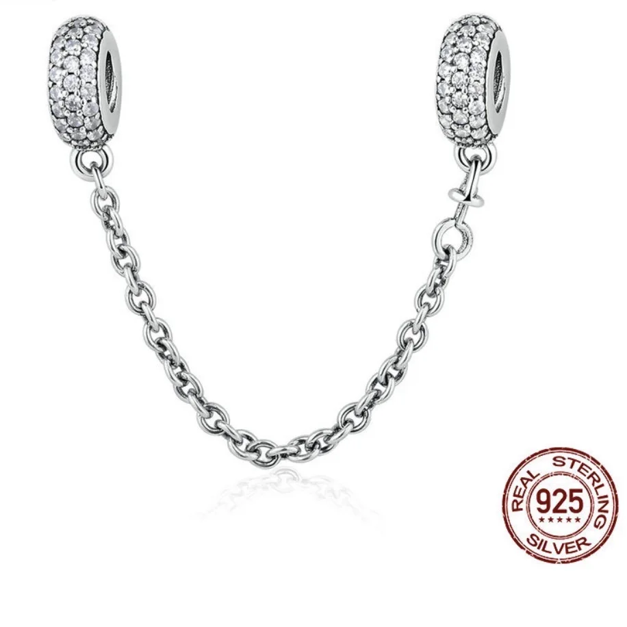 

925 Sterling Silver Charm fit Original Pandora Bracelet Pave Inspiration Safety Chain charms with Clear CZ Stopper DIY Jewelry