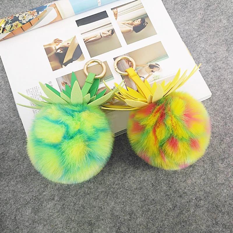

10Color Best Rabbit Fur Puff Ball KeyChains Cute Pineapple KeyChains Kids Girls Rings Gold-color KeyChains Car Bag Key Chain