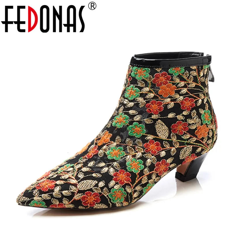 

FEDONAS Embroider Women Retro Pointed Toe Pumps High Quality Mesh +Genuine Leather Female Shoes Woman Sexy Wedding Shoes