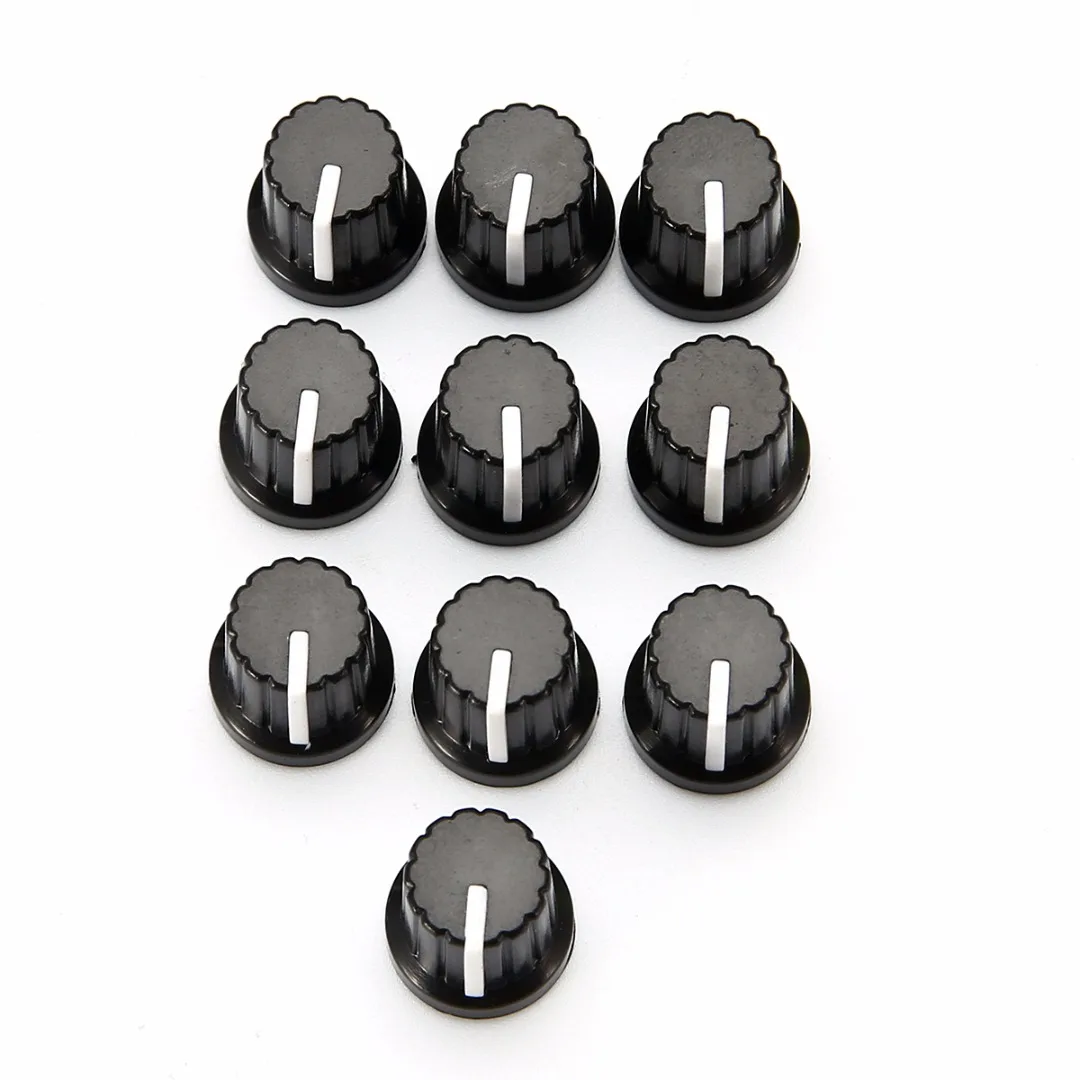 10pcs 6mm Shaft Hole Plastic Volume Control Potentiometer Knob Cap Black Ribbed Threaded Knurled