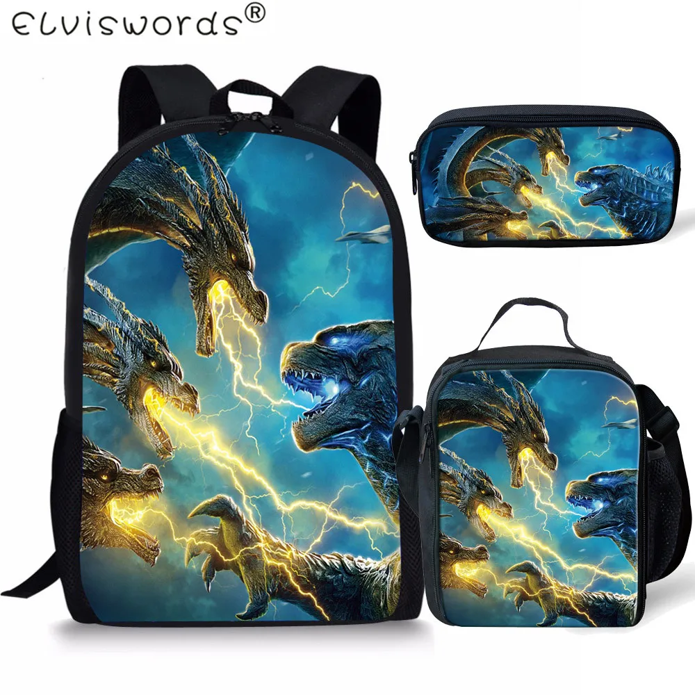 

ELVISWORDS3Pcs/Set 3D Printing Godzilla Kids Backpack for Children Kids Baby Primary Students School Bags Boys Mochila Escolar