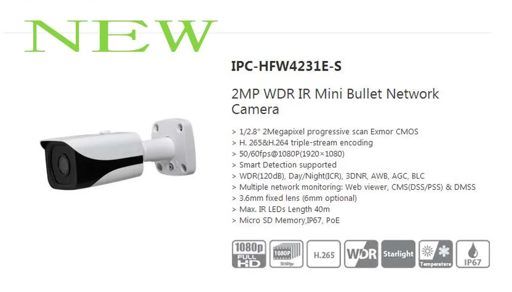 Free Shipping DAHUA NEW Security IP Camera 2MP WDR IR Mini Bullet Network Camera IP67 With POE Without Logo IPC-HFW4231E-S