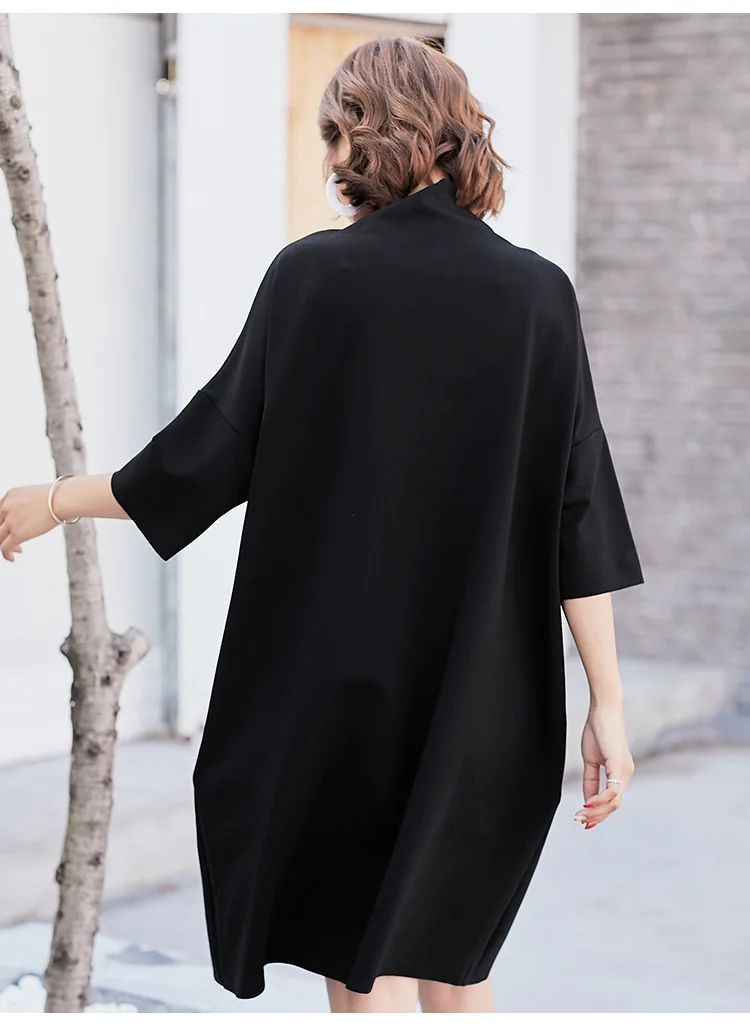 YSMARKET New Fashion Korean Autumn Dress Solid Color Batwing Sleeve Semi-high Collar Loose Large Size Casual Dress Women